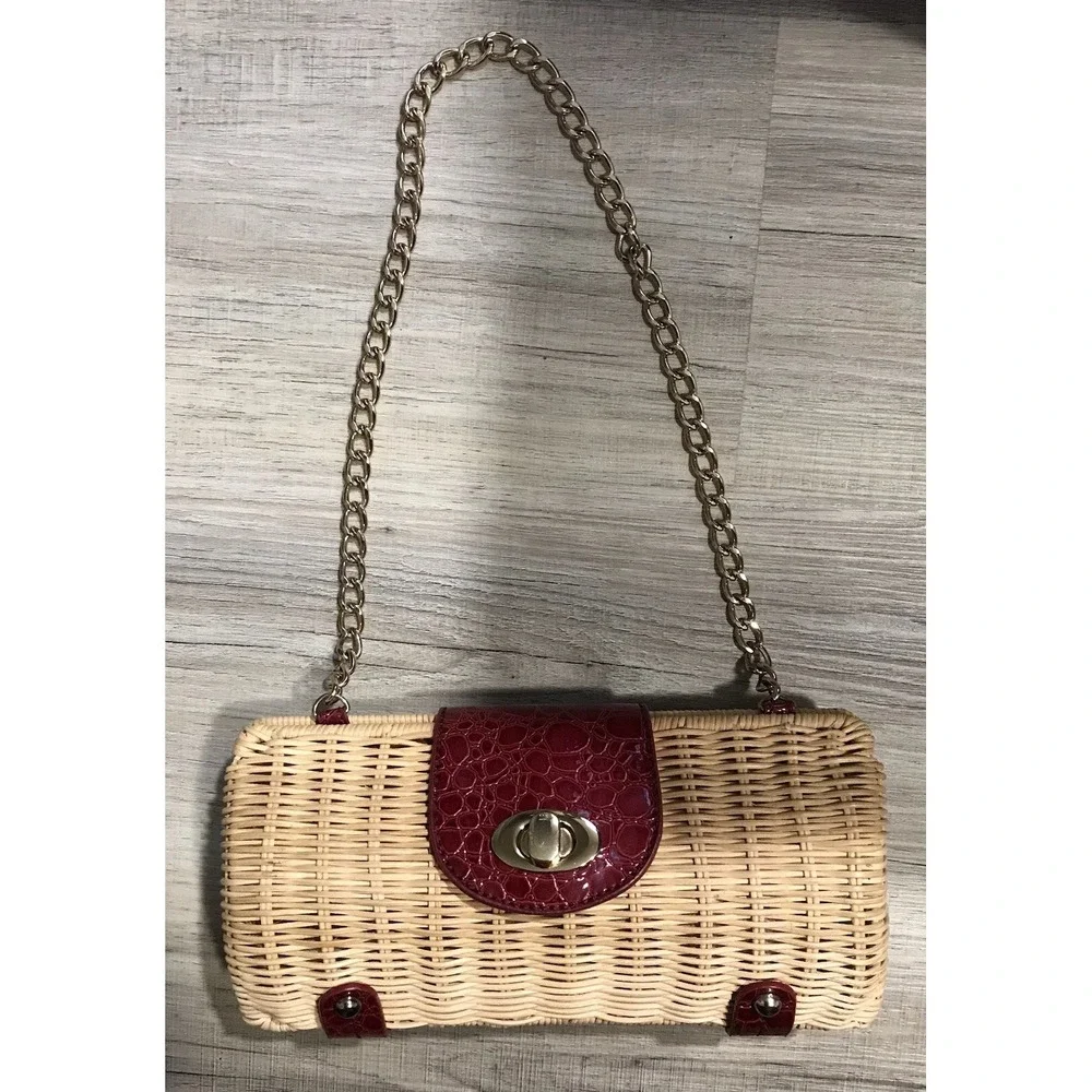 Vintage Straw Woven Handbag Red Leather Accents with Gold Chain